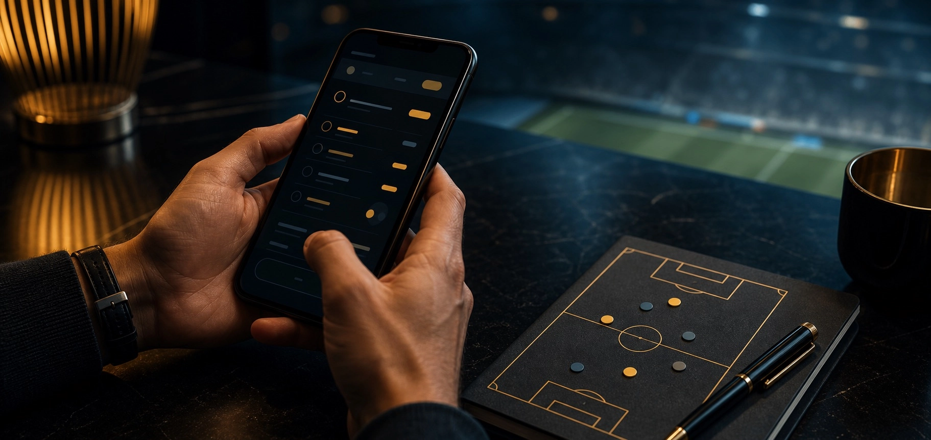 Smartphone mit abstrakter Tippspiel-Ansicht vor einem Fu&szlig;ballabend